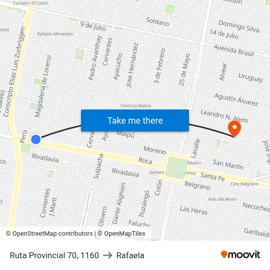 Ruta Provincial 70, 1160 to Rafaela map