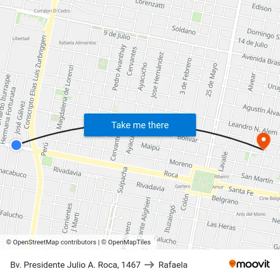 Bv. Presidente Julio A. Roca, 1467 to Rafaela map