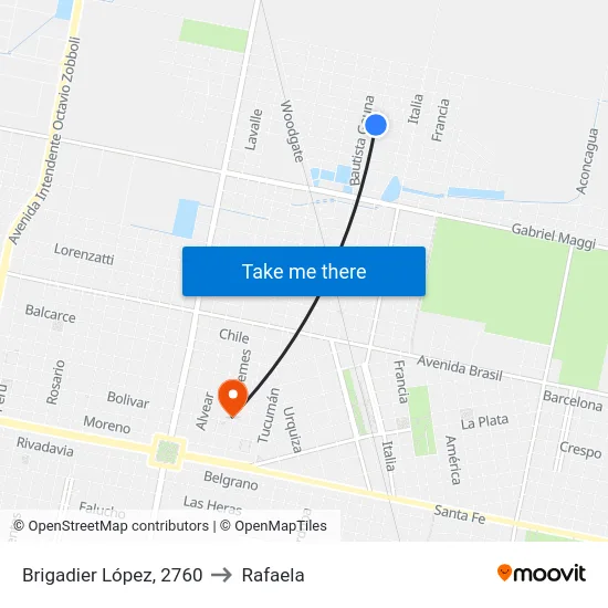 Brigadier López, 2760 to Rafaela map