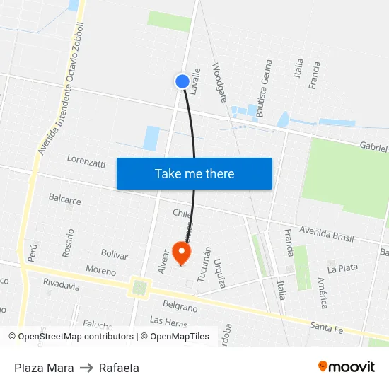 Plaza Mara to Rafaela map