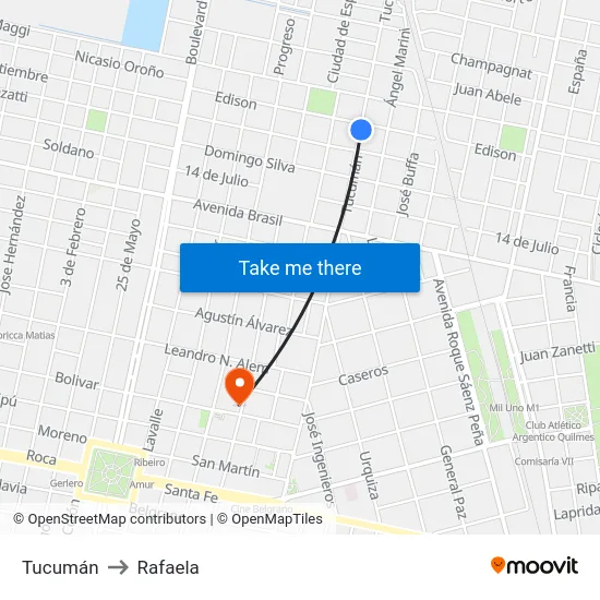 Tucumán to Rafaela map
