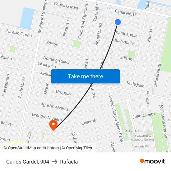 Carlos Gardel, 904 to Rafaela map