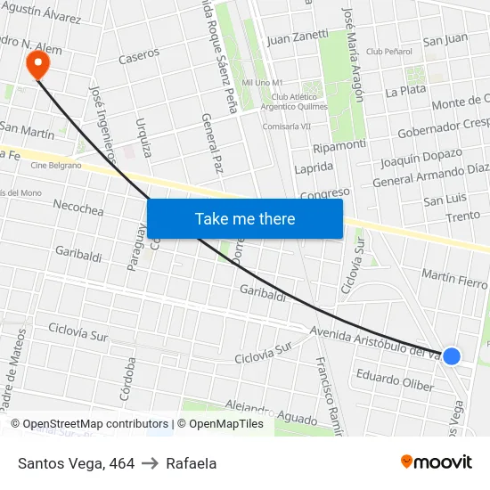 Santos Vega, 464 to Rafaela map