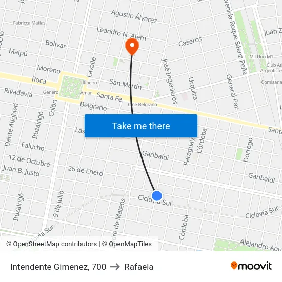 Intendente Gimenez, 700 to Rafaela map