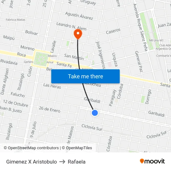 Gimenez X Aristobulo to Rafaela map