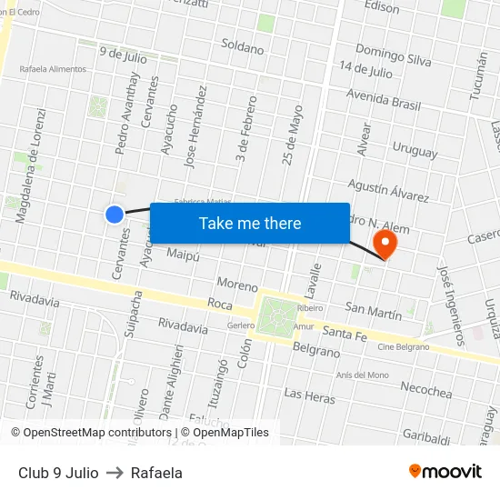 Club 9 Julio to Rafaela map