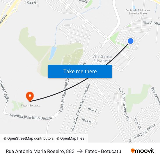 Rua Antônio Maria Roseiro, 883 to Fatec - Botucatu map