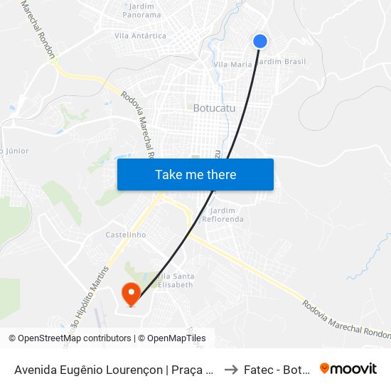 Avenida Eugênio Lourençon | Praça Felipe Rensi to Fatec - Botucatu map