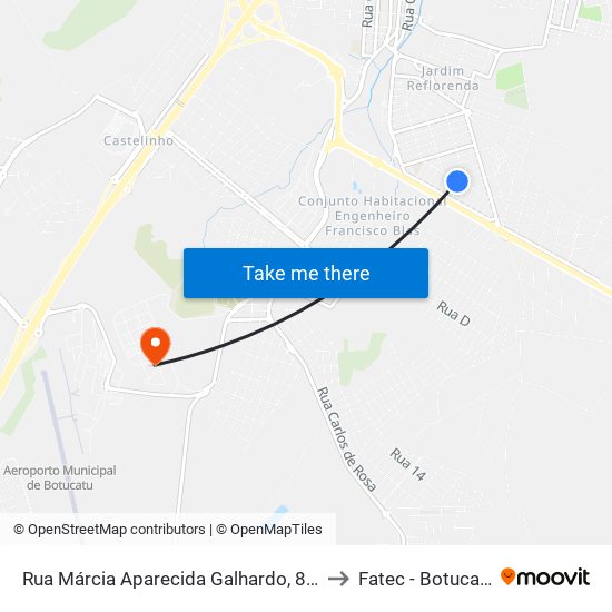 Rua Márcia Aparecida Galhardo, 887 to Fatec - Botucatu map