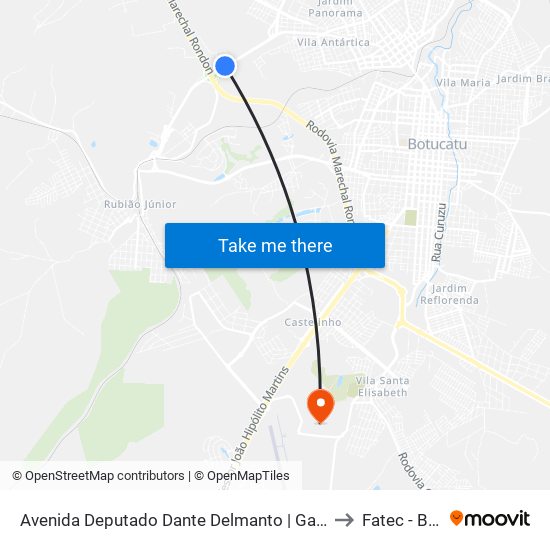 Avenida Deputado Dante Delmanto | Garagem Reta Transportes to Fatec - Botucatu map