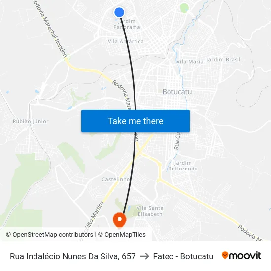 Rua Indalécio Nunes Da Silva, 657 to Fatec - Botucatu map