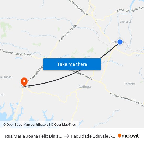 Rua Maria Joana Félix Diniz, 424 to Faculdade Eduvale Avaré map