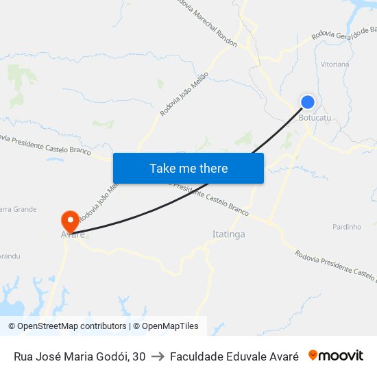 Rua José Maria Godói, 30 to Faculdade Eduvale Avaré map
