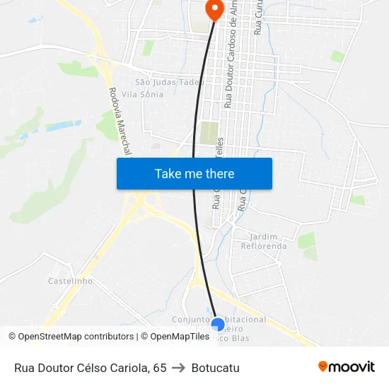 Rua Doutor Célso Cariola, 65 to Botucatu map