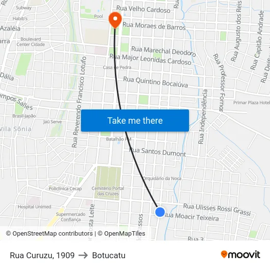 Rua Curuzu, 1909 to Botucatu map