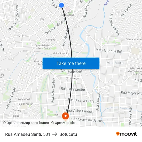 Rua Amadeu Santi, 531 to Botucatu map