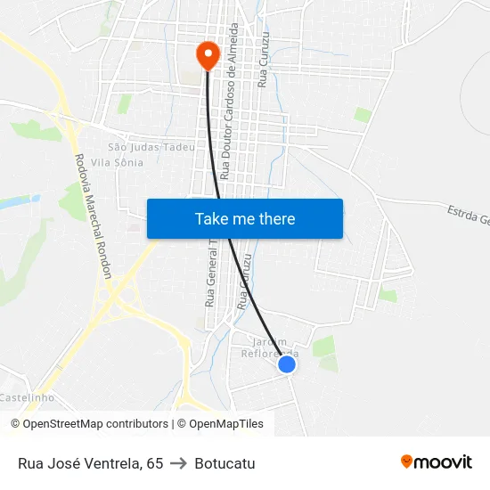 Rua José Ventrela, 65 to Botucatu map