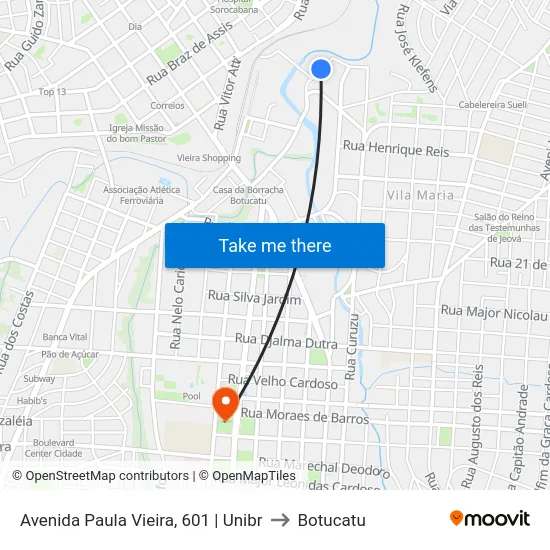 Avenida Paula Vieira, 601 | Unibr to Botucatu map