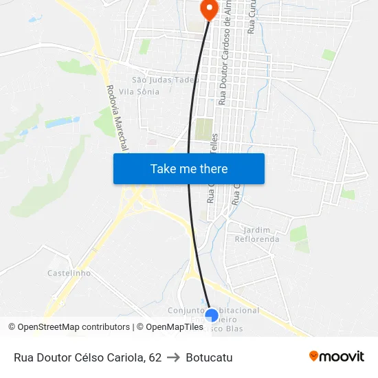 Rua Doutor Célso Cariola, 62 to Botucatu map