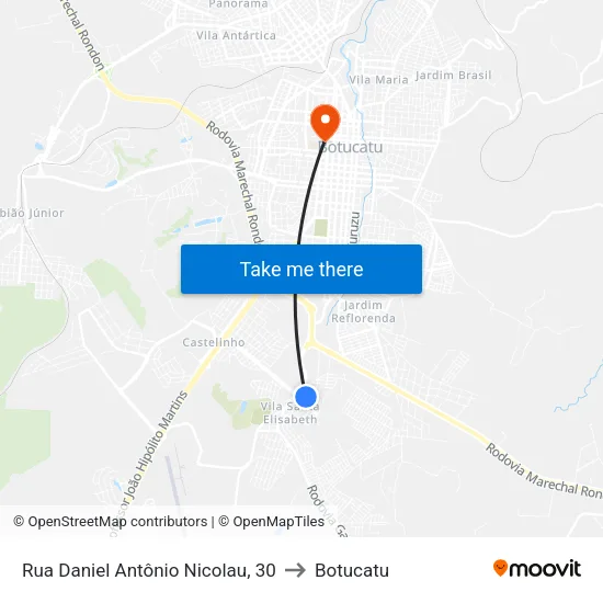 Rua Daniel Antônio Nicolau, 30 to Botucatu map
