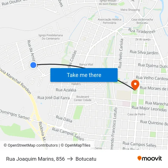 Rua Joaquim Marins, 856 to Botucatu map