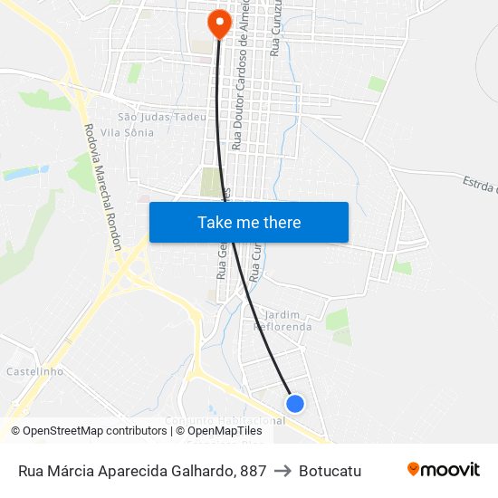 Rua Márcia Aparecida Galhardo, 887 to Botucatu map