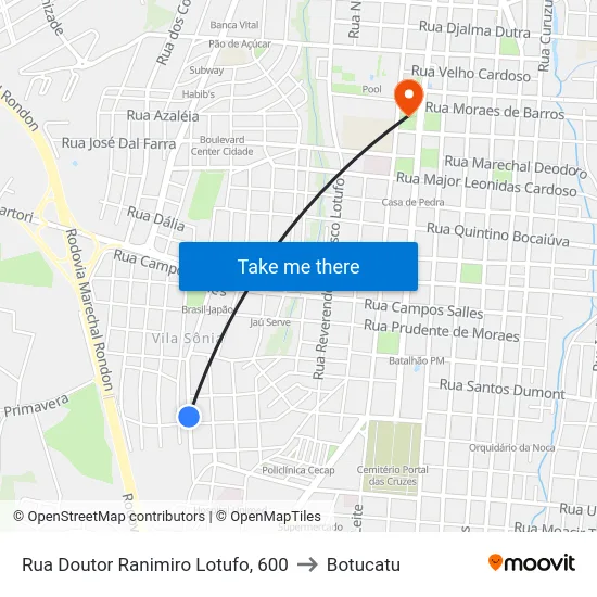 Rua Doutor Ranimiro Lotufo, 600 to Botucatu map