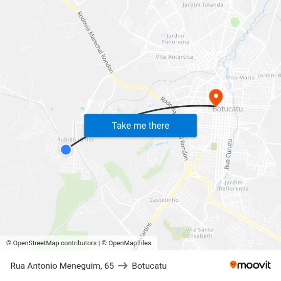 Rua Antonio Meneguim, 65 to Botucatu map