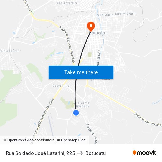 Rua Soldado José Lazarini, 225 to Botucatu map