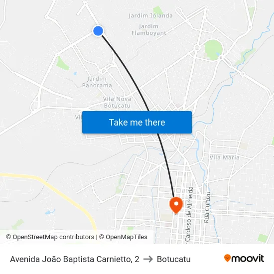 Avenida João Baptista Carnietto, 2 to Botucatu map