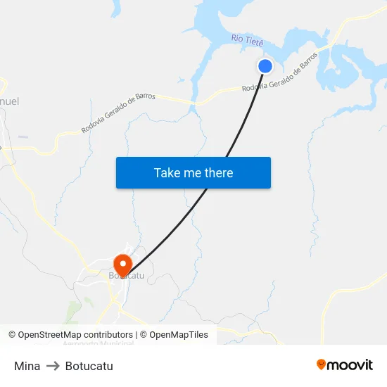 Mina to Botucatu map