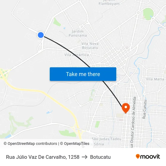 Rua Júlio Vaz De Carvalho, 1258 to Botucatu map