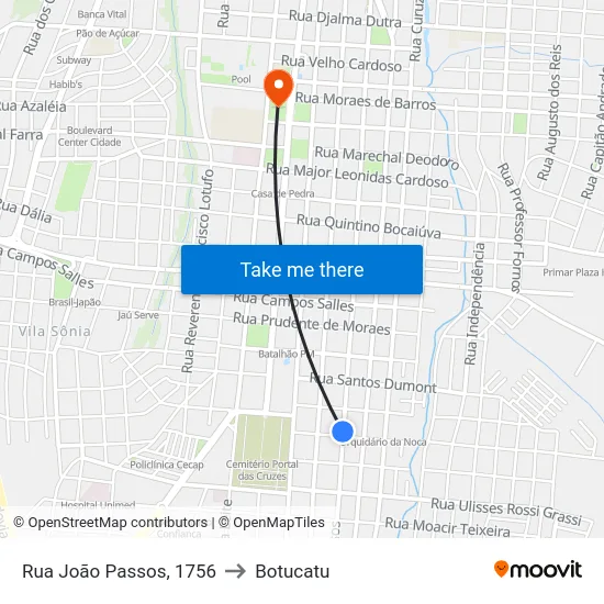 Rua João Passos, 1756 to Botucatu map