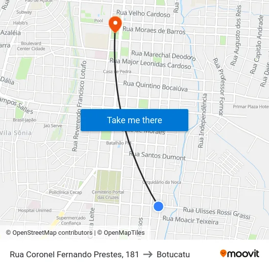 Rua Coronel Fernando Prestes, 181 to Botucatu map