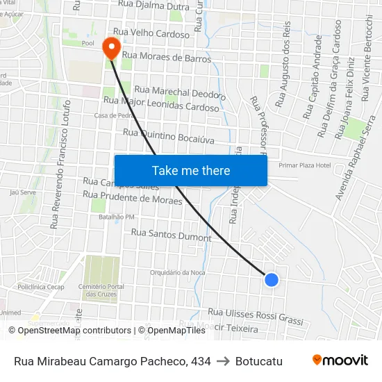 Rua Mirabeau Camargo Pacheco, 434 to Botucatu map