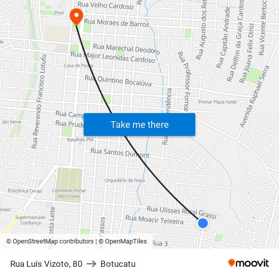 Rua Luís Vizoto, 80 to Botucatu map