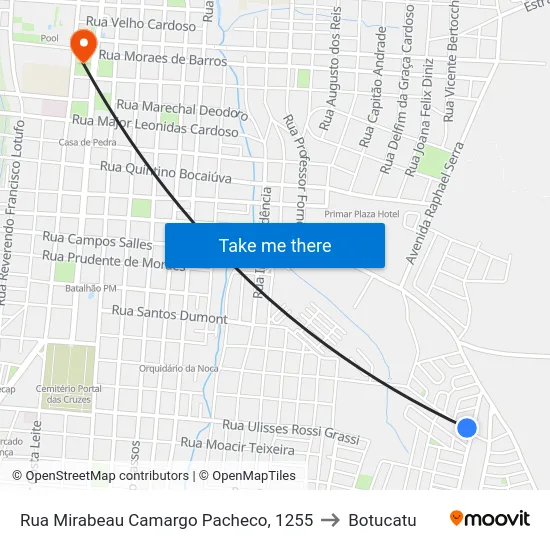 Rua Mirabeau Camargo Pacheco, 1255 to Botucatu map