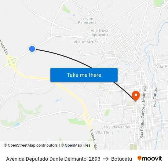 Avenida Deputado Dante Delmanto, 2893 to Botucatu map