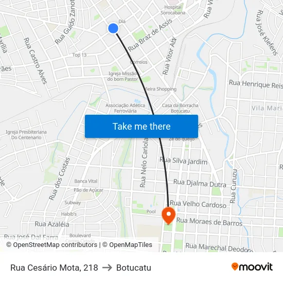 Rua Cesário Mota, 218 to Botucatu map