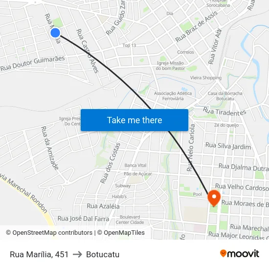 Rua Marília, 451 to Botucatu map