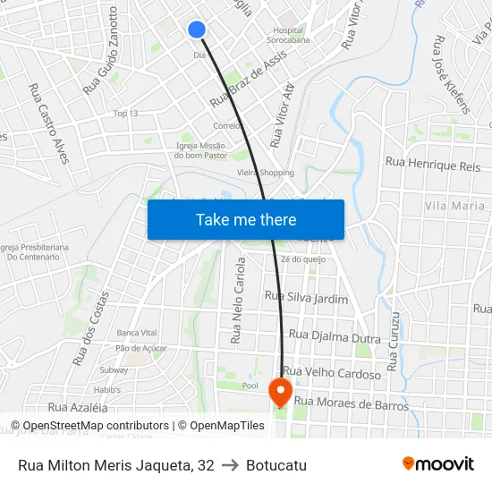 Rua Milton Meris Jaqueta, 32 to Botucatu map