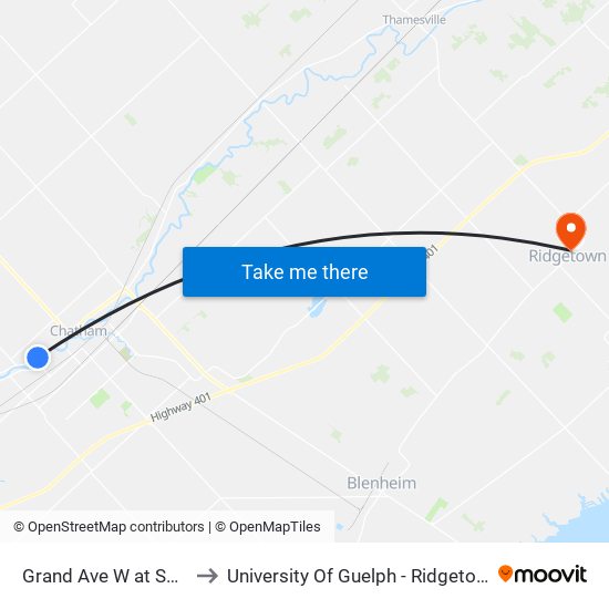 Grand Ave W at Sportchek to University Of Guelph - Ridgetown Campus map