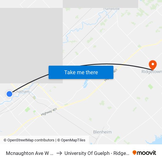 Mcnaughton Ave W at Baldoon to University Of Guelph - Ridgetown Campus map