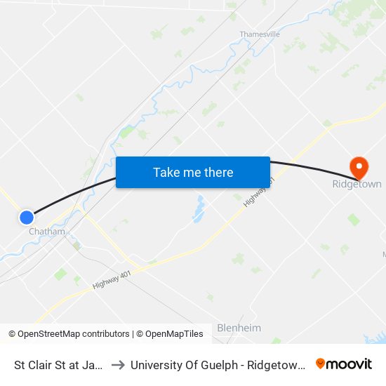 St Clair St at Jackson to University Of Guelph - Ridgetown Campus map