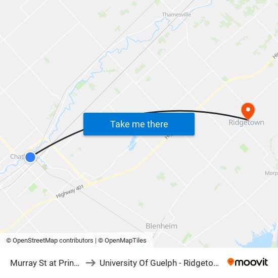 Murray St at Princess St to University Of Guelph - Ridgetown Campus map