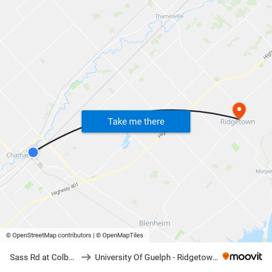 Sass Rd at Colborne St to University Of Guelph - Ridgetown Campus map
