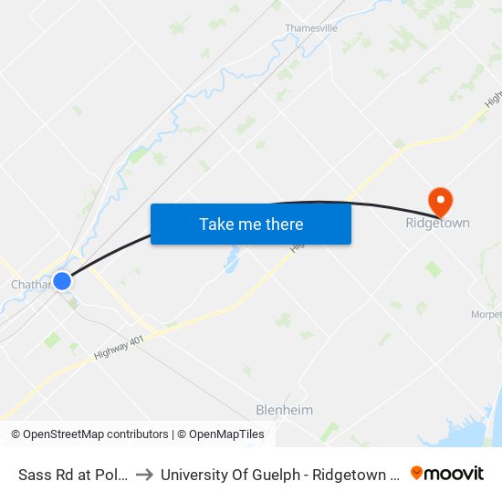 Sass Rd at Polly Dr to University Of Guelph - Ridgetown Campus map