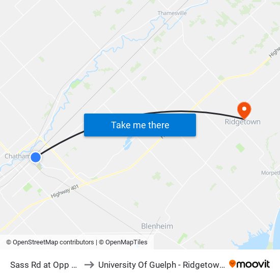 Sass Rd at Opp Station to University Of Guelph - Ridgetown Campus map