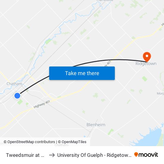 Tweedsmuir at Lacroix to University Of Guelph - Ridgetown Campus map