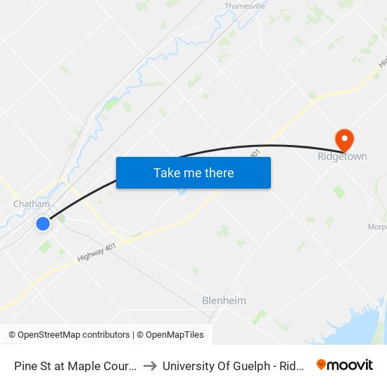 Pine St at Maple Court Apartments to University Of Guelph - Ridgetown Campus map